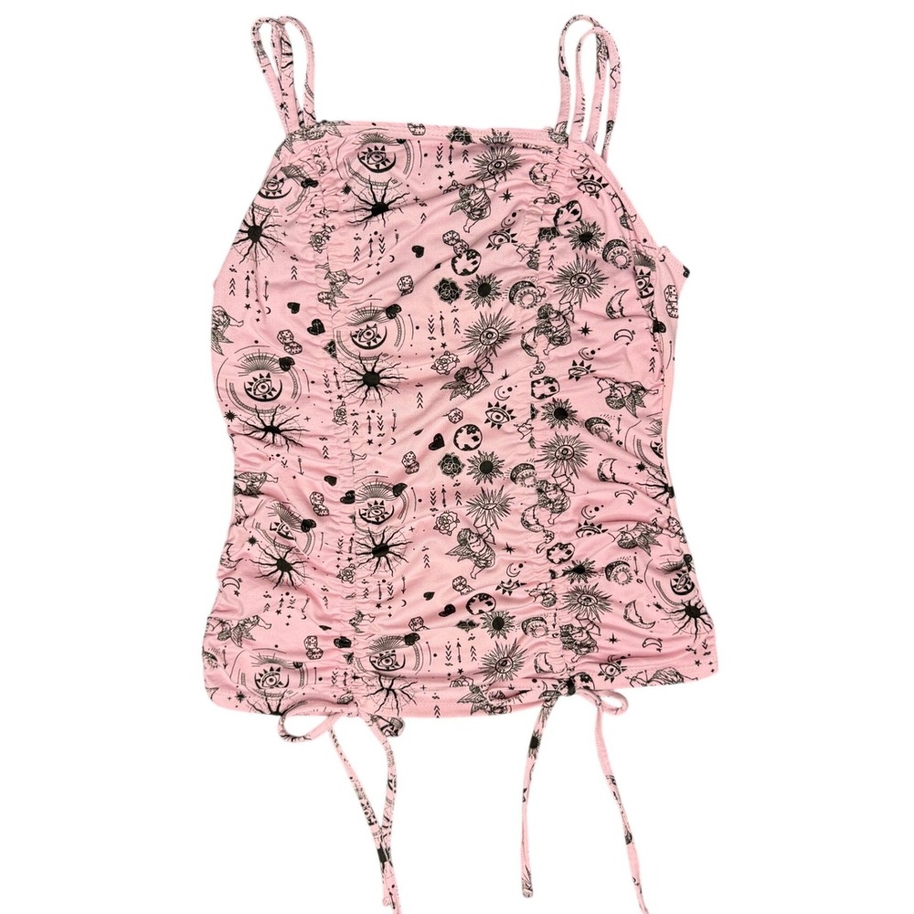 Celestial Ruched Cami M Pink Sun Moon Cherub Double Strap